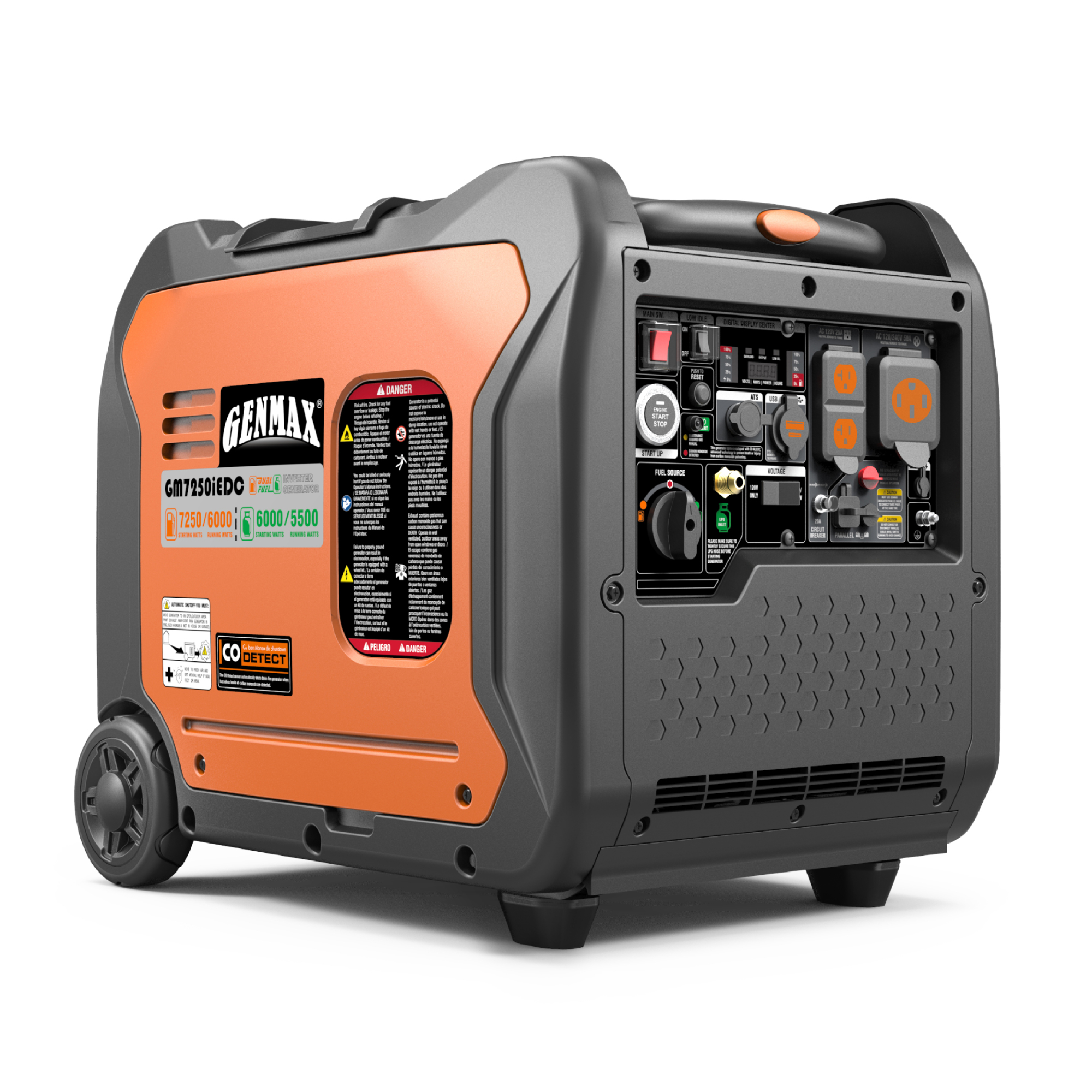 GENMAX, Portable Inverter Generator, 7250w Dual Fuel, Surge Watts 7250 Voltage 120/240 Model# GM7250iedc